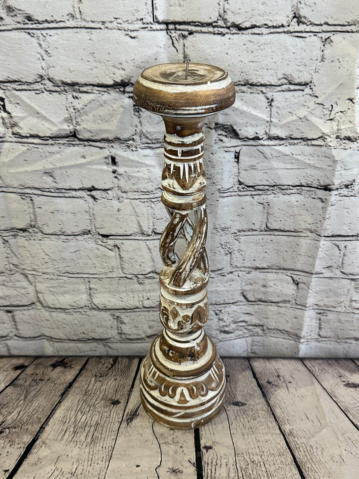40cm Brown Tall Candlestick Shabby Chic Distressed Twist Column Candle Holder