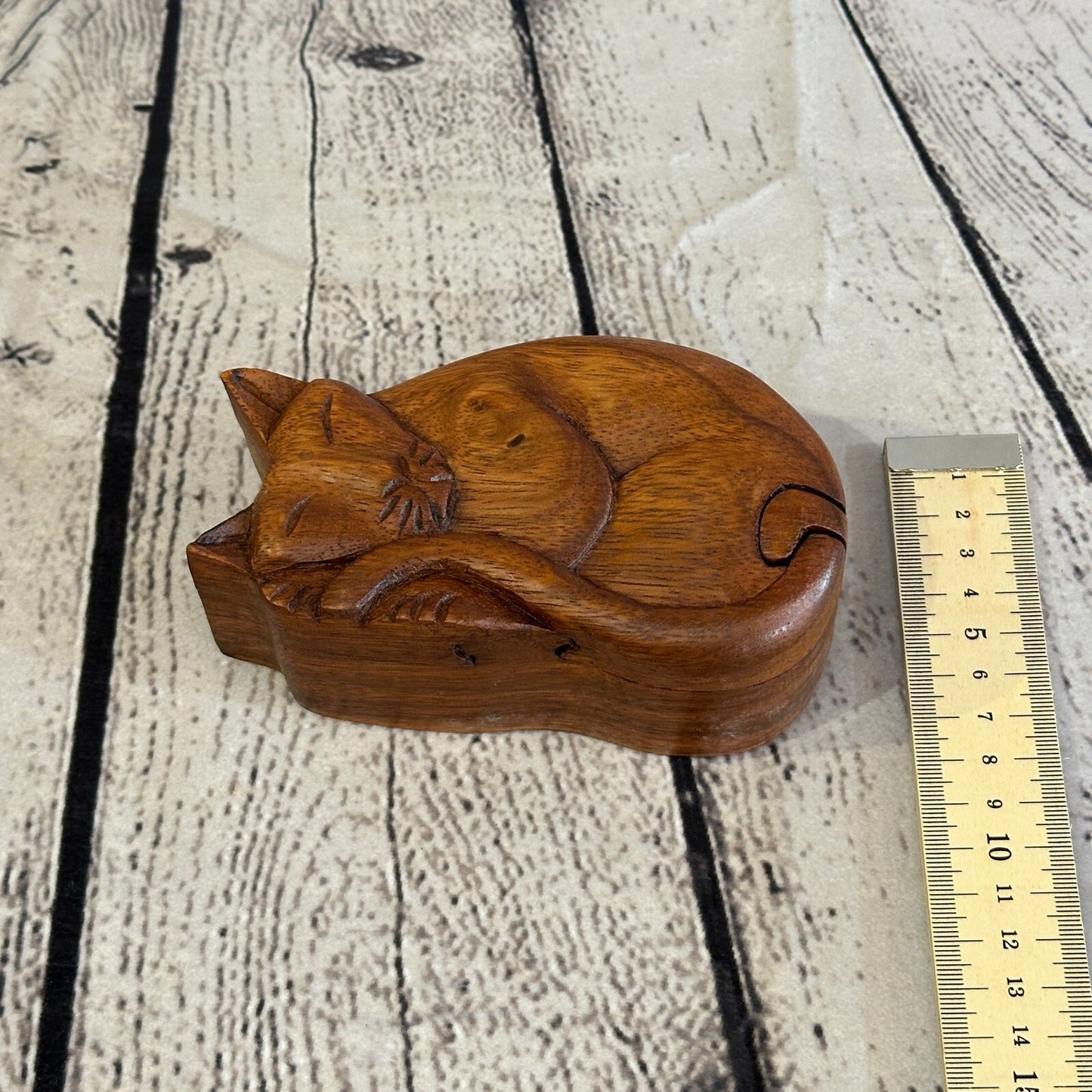 Carved Sleeping Cat 4 Bit Wooden Puzzle Box Secret Box Magic Trinket Handmade