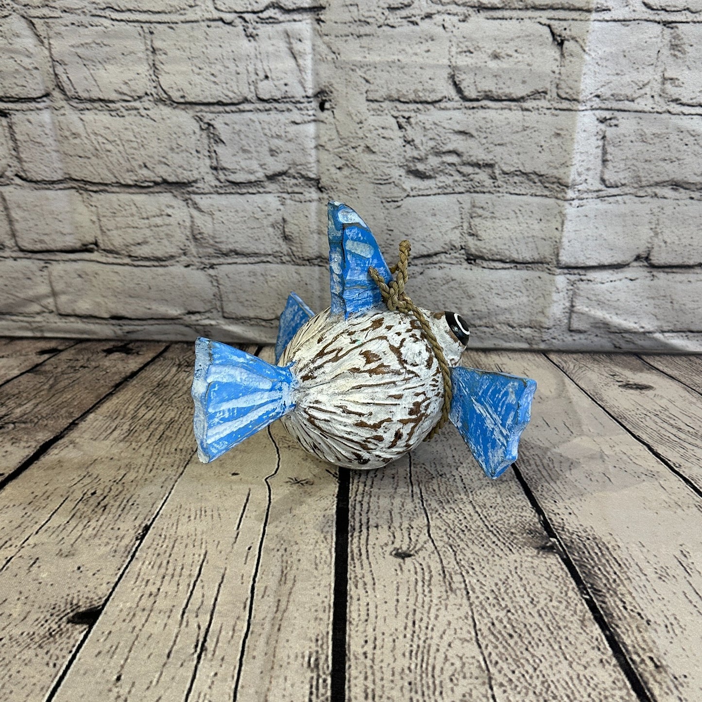 Blue White Folk Art Hand Painted Puffer Fish Coconut Shell Ornaments Hanging