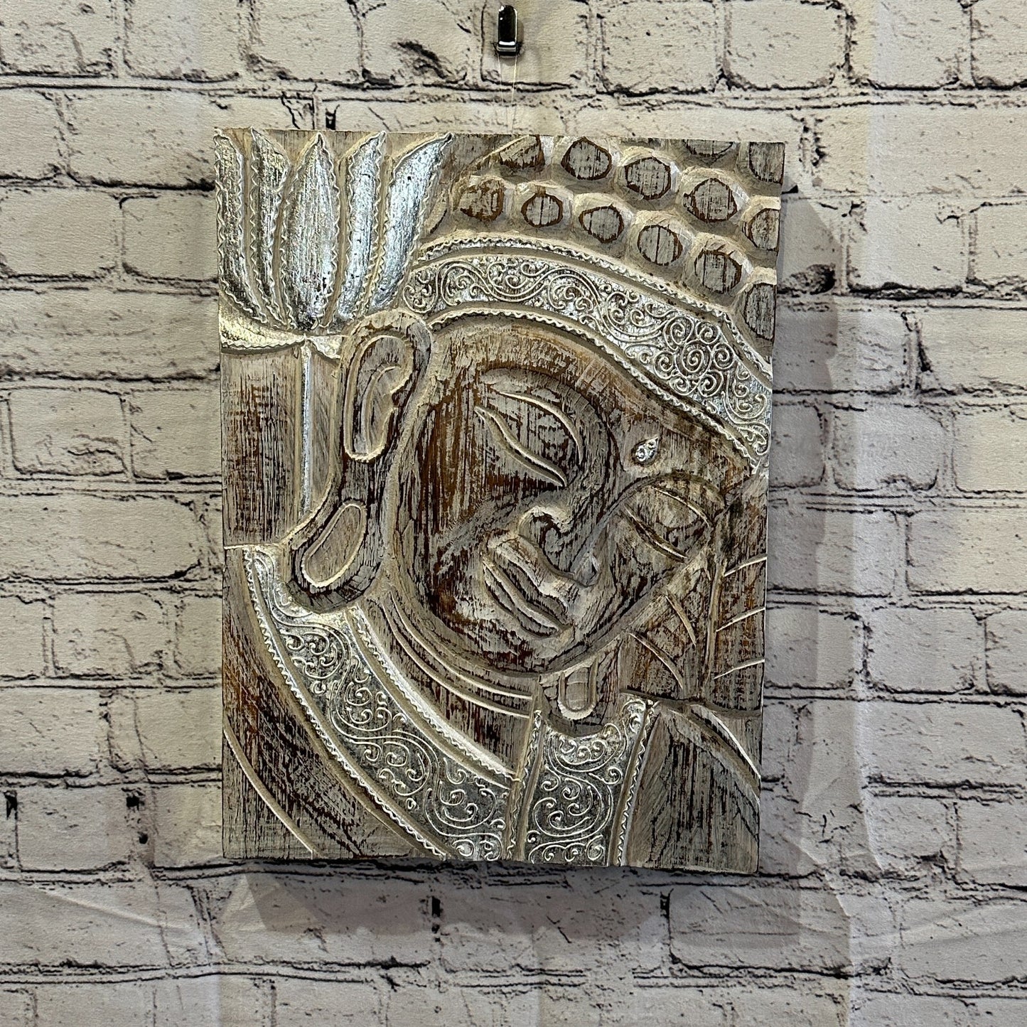 Wooden Wood Panel 40cm Brown White Buddha Tall Lotus Wall Art Plaque Handcarved