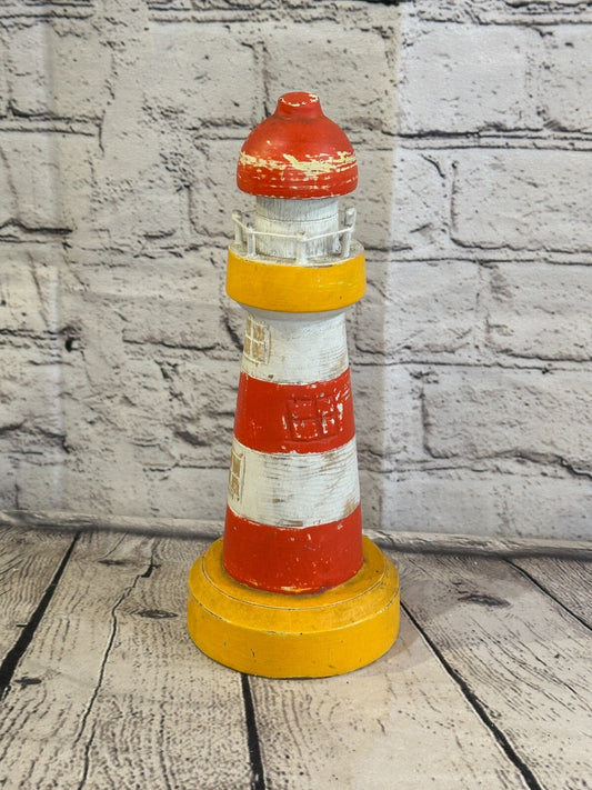 25cm Red White Wooden Lighthouse Ornament Nautical Coastal Sculpture Statue