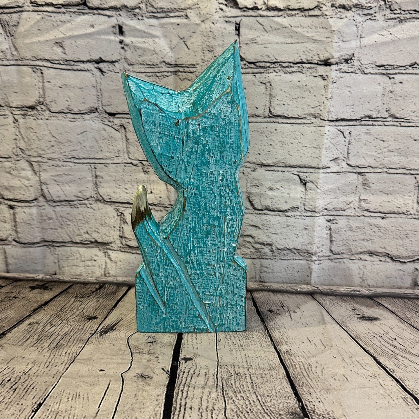 30cm x 12cm Green Flower Wooden Shabby Cat Statue Ornament Fair Trade Handcarved