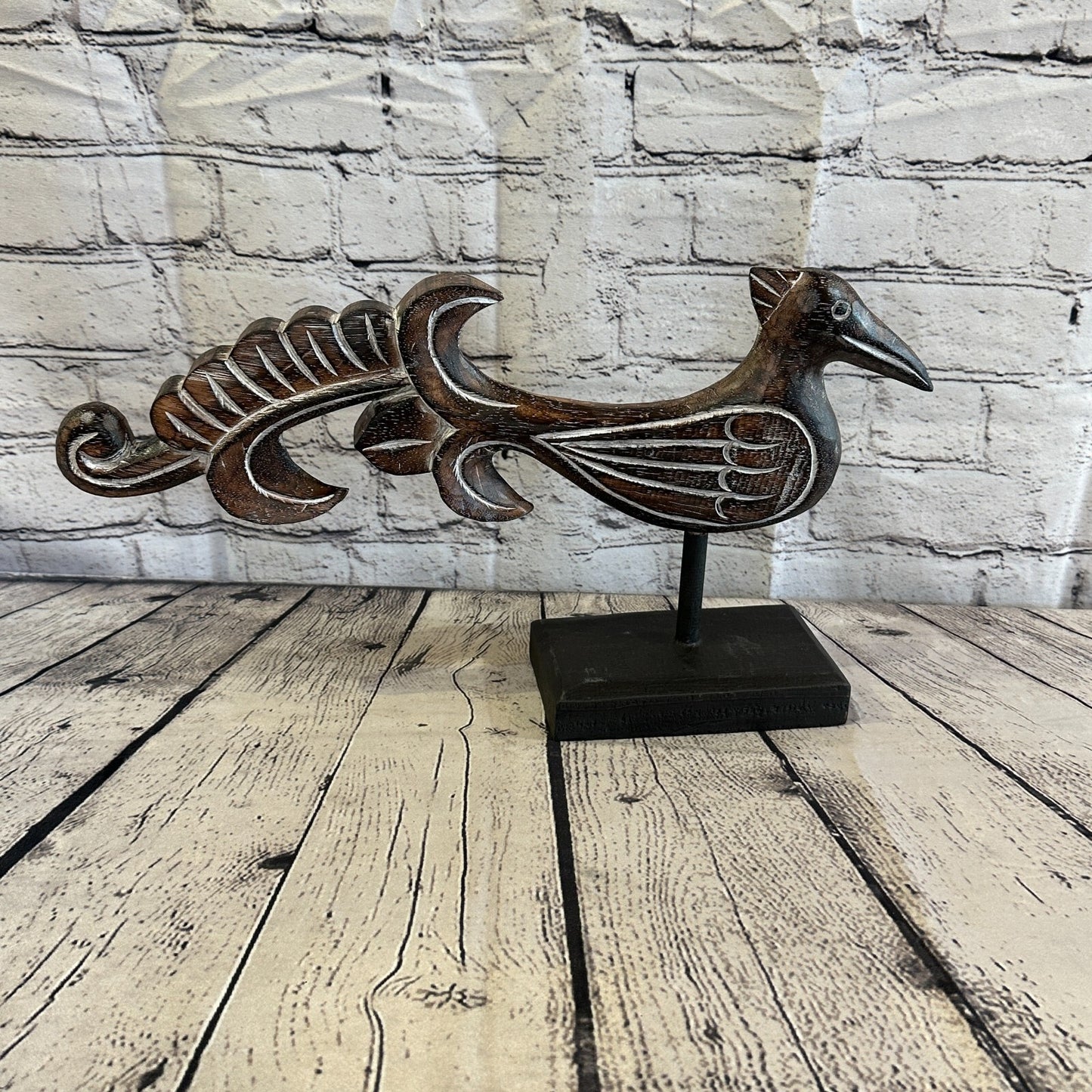 45cm x 25cm Wooden Tribal Primitive Black Phoenix Bird Stand Sculpture Statue