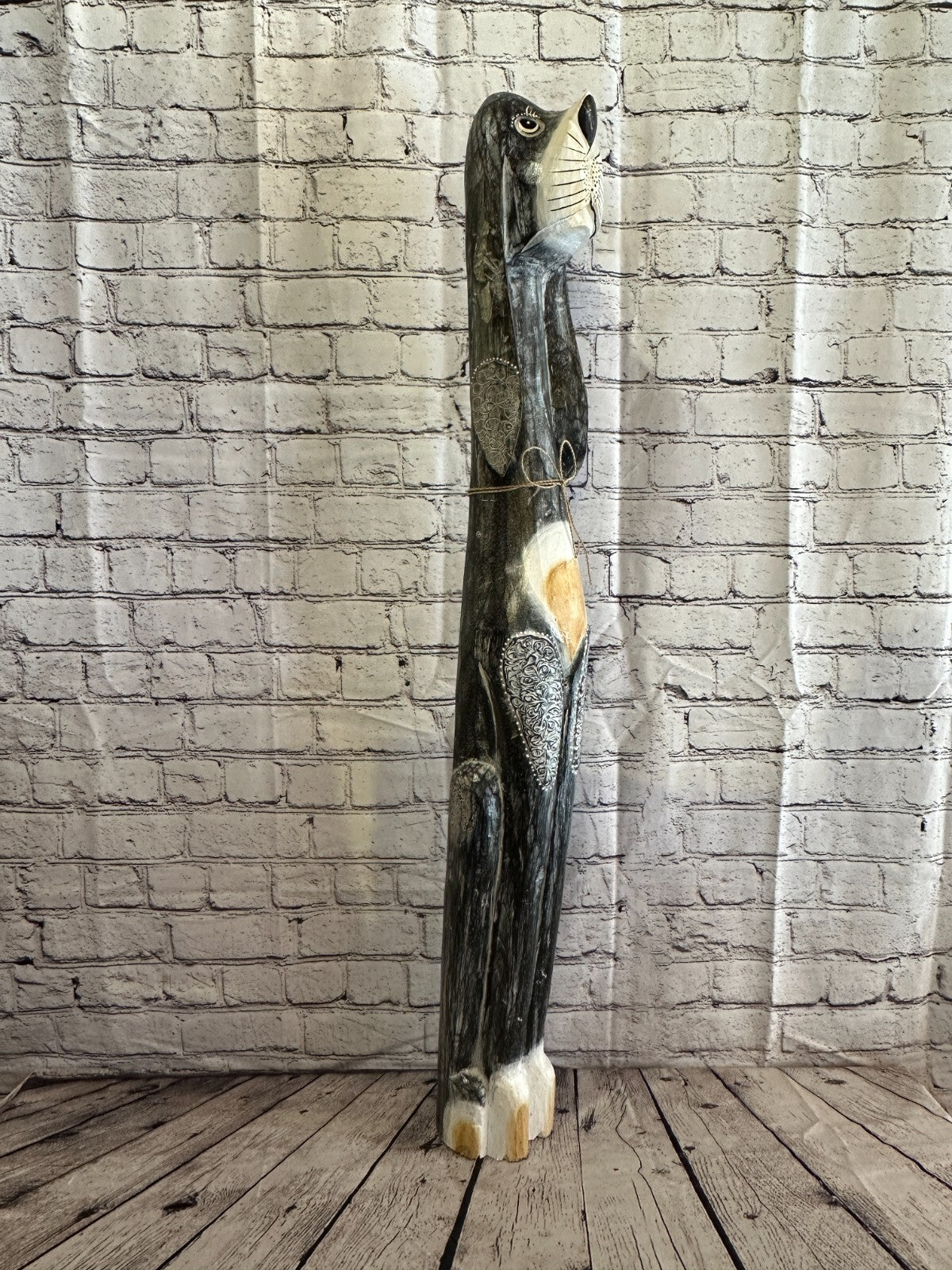100cm Grey Flower Wooden Shabby Dog Statue Ornament Fair Trade Handcarved