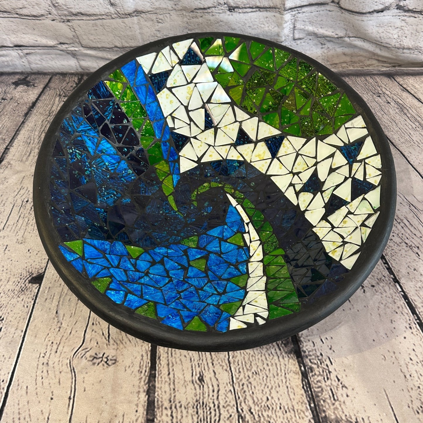 35cm Blue Green Swirl Round Mosaic Handmade Ceramic Glass Tile Bowl Fruit