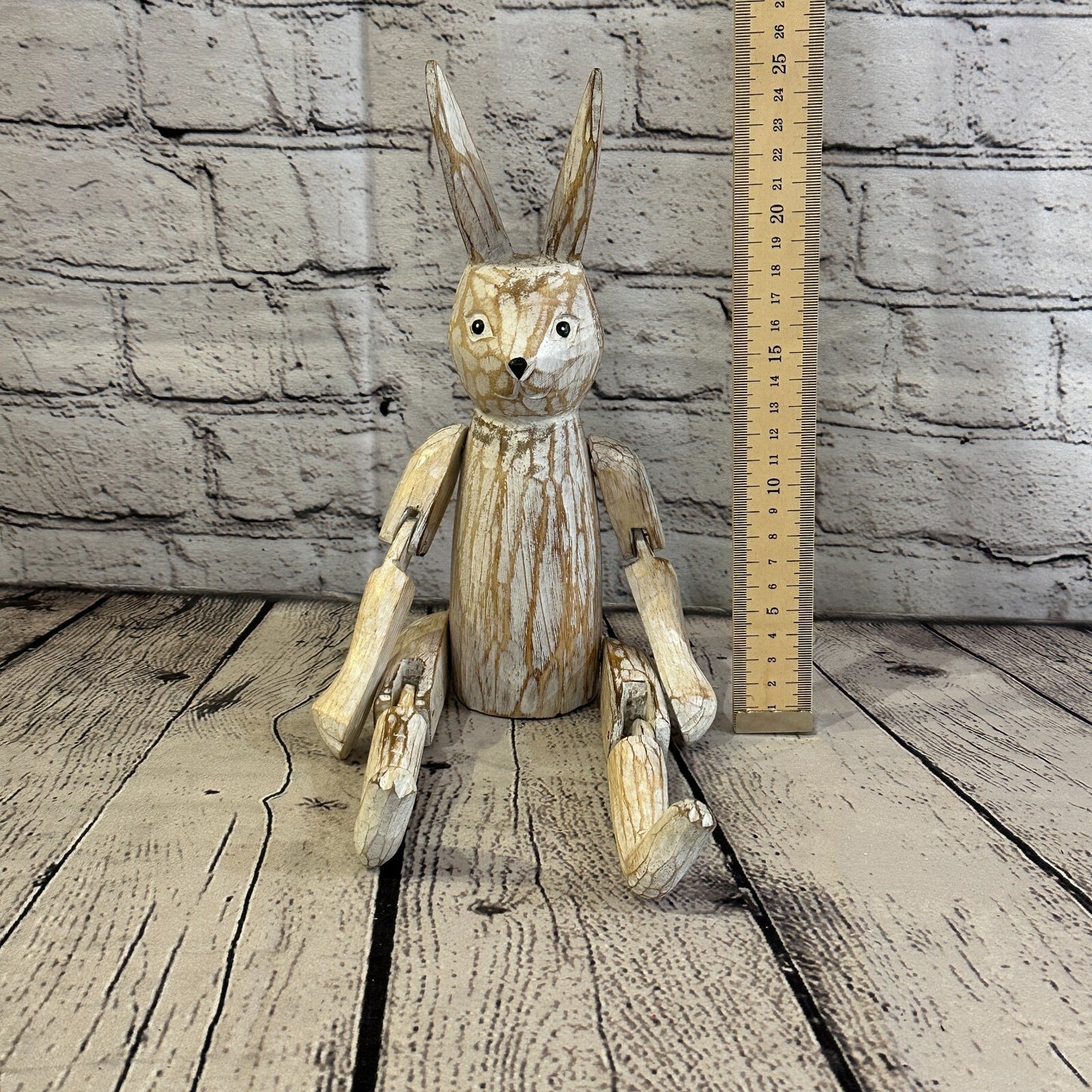 25cm Shabby White Rabbit Sitting Animal Wooden Shelf Ornament Handmade Fairtrade