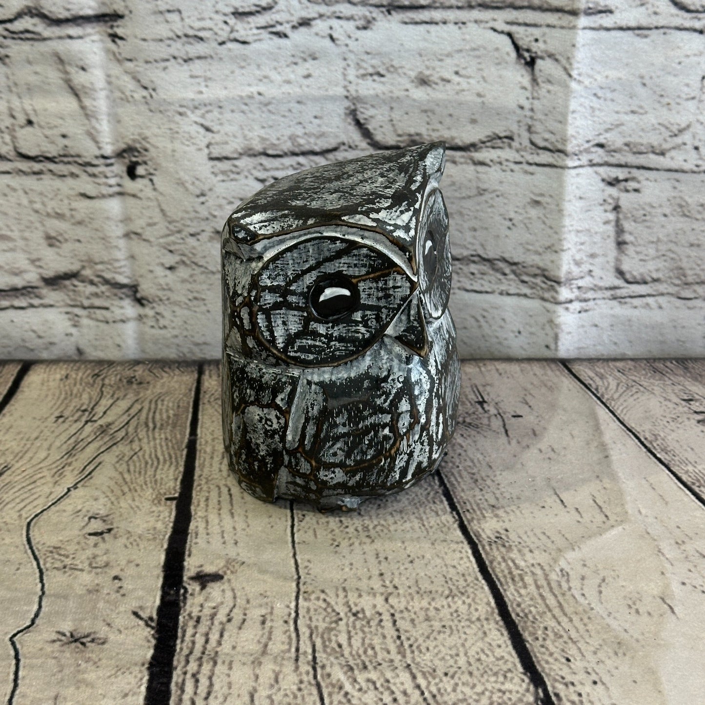 12cm x 10cm Black Flower Wooden Shabby Owl Statue Ornament Fair Trade Handcarved