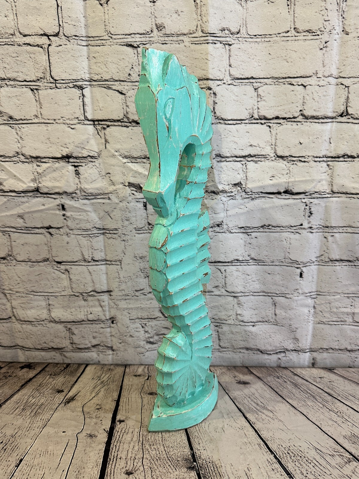 50cm Green Plain Wooden Shabby Seahorse Statue Ornament Fair Trade Handcarved