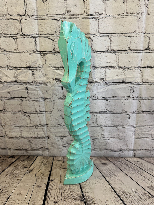 50cm Green Plain Wooden Shabby Seahorse Statue Ornament Fair Trade Handcarved