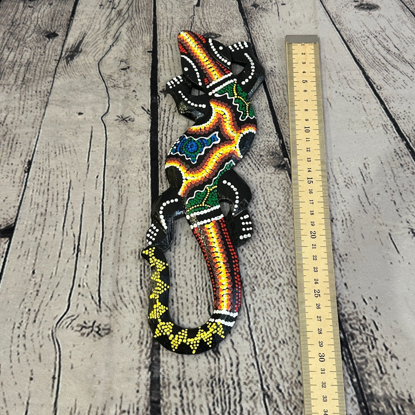 30cm Gecko Carved Wooden Dot Painted Ethnic Tribal Tiki Wall Handmade No 5