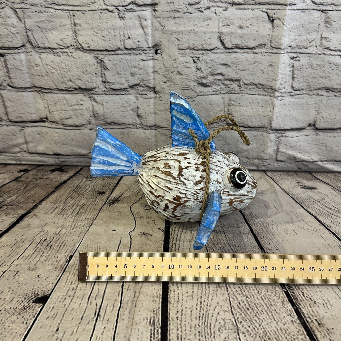 Blue White Folk Art Hand Painted Puffer Fish Coconut Shell Ornaments Hanging