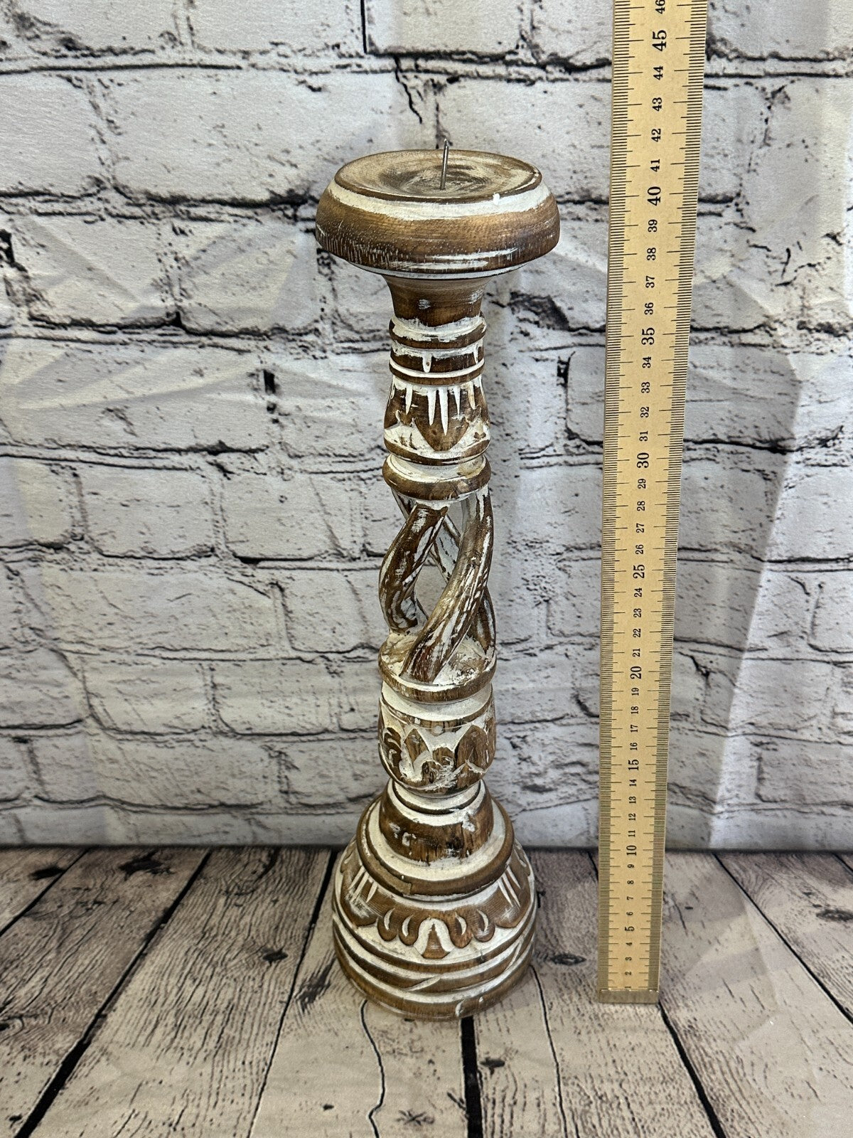 40cm Brown Tall Candlestick Shabby Chic Distressed Twist Column Candle Holder