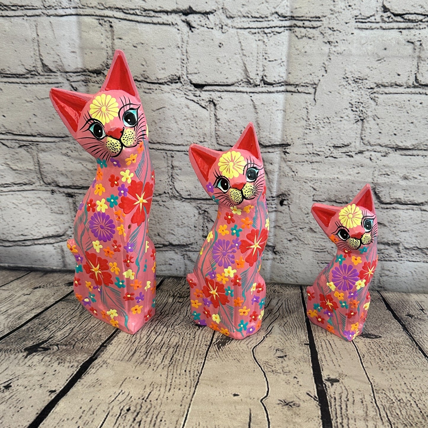 Pink Flat Back Wooden Cat With Flower Pattern 25cm x 8cm Handmade and Fairtrade