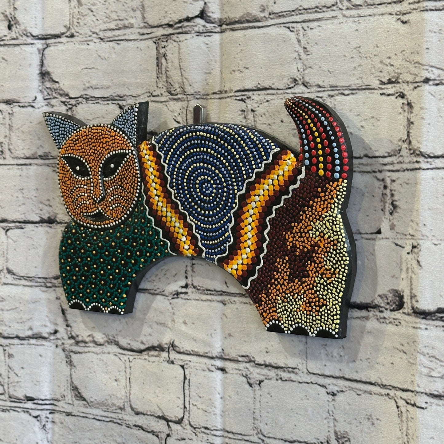 30cm Orange Cat Carved Wooden Dot Painted Ethnic Tribal Tiki Wall Art Handmade