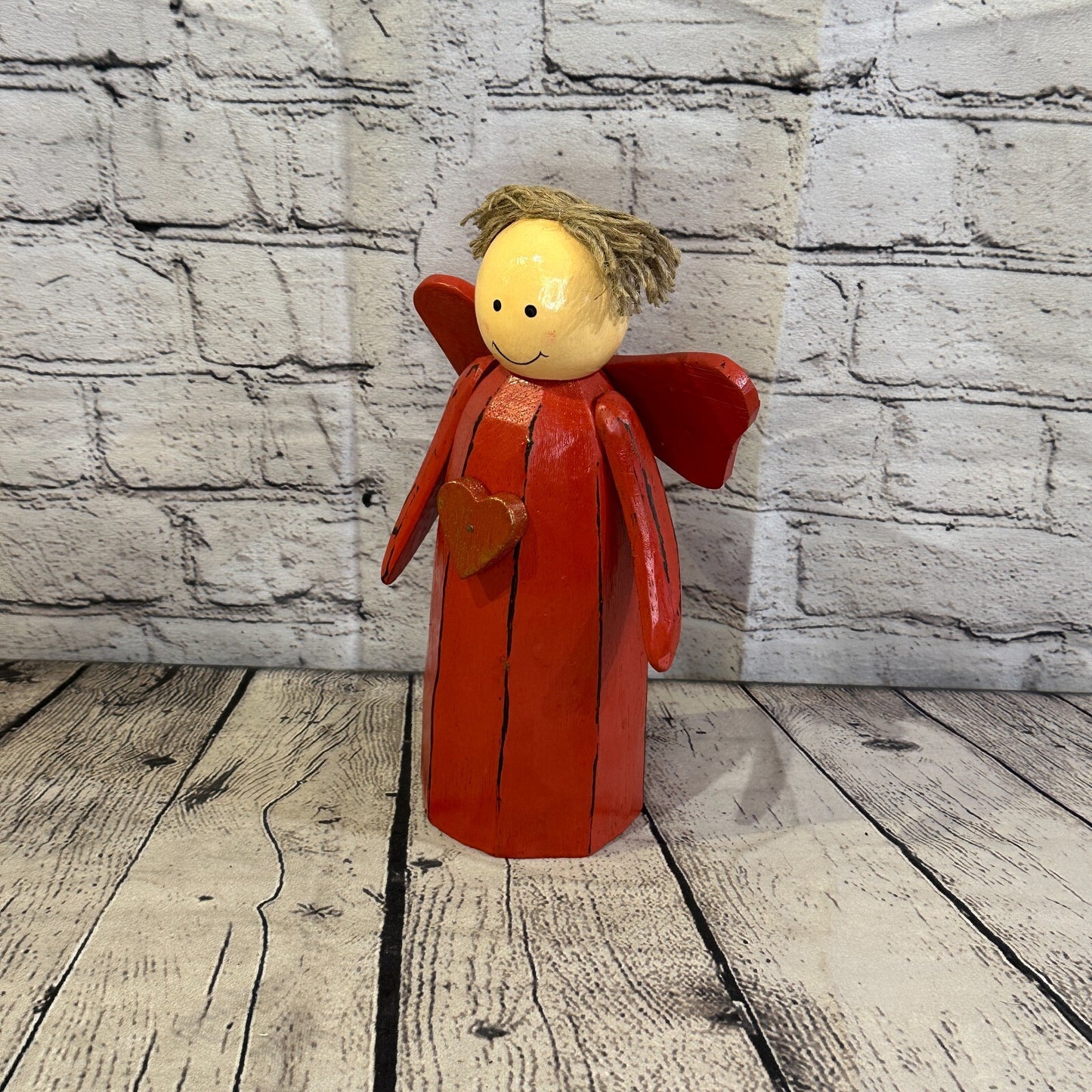 25cm x 10cm Red Cream Angel Red Heart Handcrafted Wood Xmas Christmas Ornament