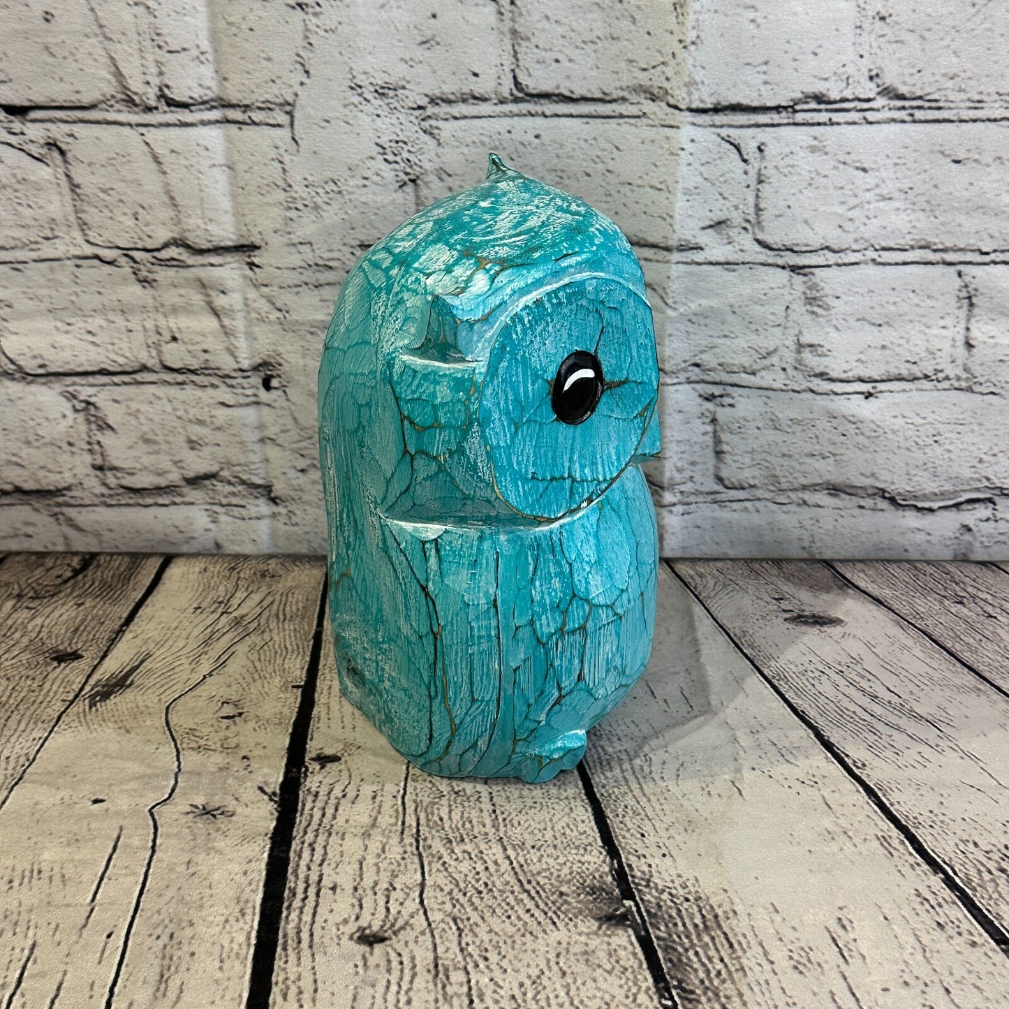 20cm x 15cm Green Flower Wooden Shabby Owl Statue Ornament Fair Trade Handcarved