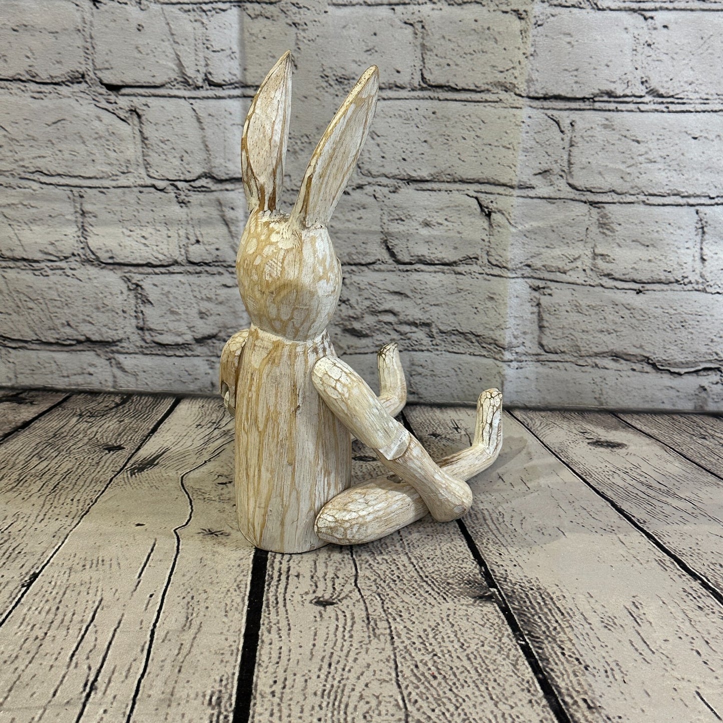25cm Shabby White Rabbit Sitting Animal Wooden Shelf Ornament Handmade Fairtrade