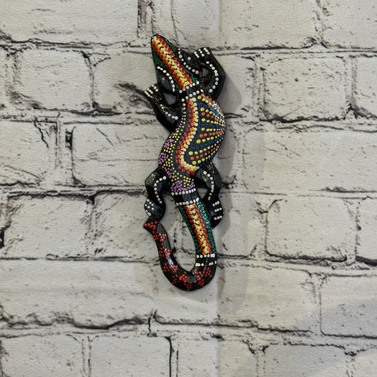 20cm Gecko Carved Wooden Dot Painted Ethnic Tribal Tiki Wall Handmade No 8