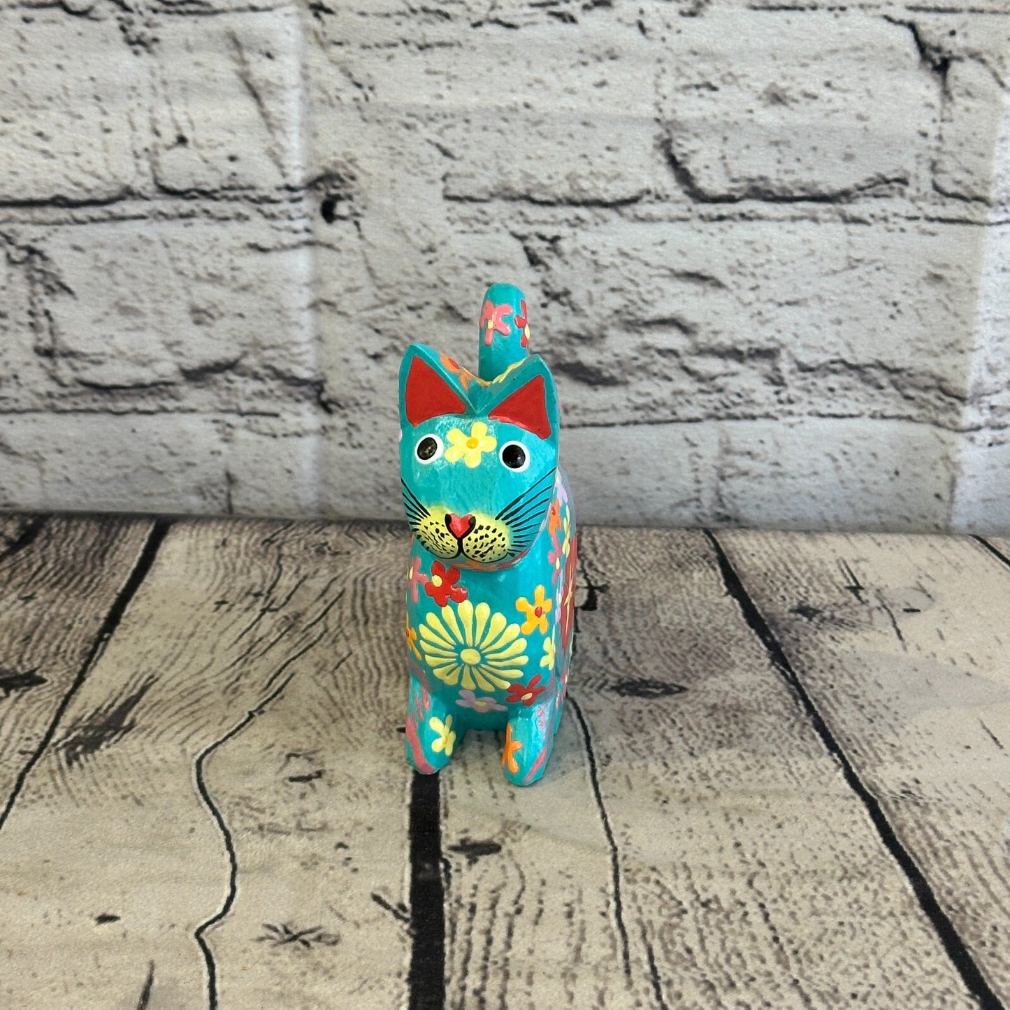 Blue Small Wooden Cat With Flower Pattern 12cm x 6cm Handmade and Fairtrade