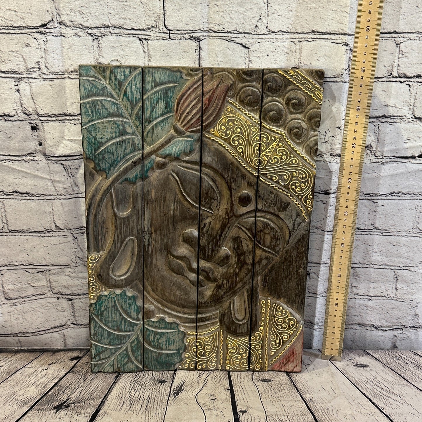 Wooden Wood Panel 45cm Pastel Colour Buddha Lotus Wall Art Plaque Handcarved