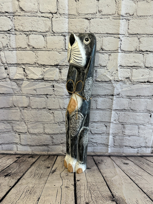 50cm Grey Flower Wooden Shabby Dog Statue Ornament Fair Trade Handcarved