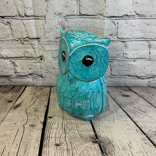 20cm x 15cm Green Flower Wooden Shabby Owl Statue Ornament Fair Trade Handcarved