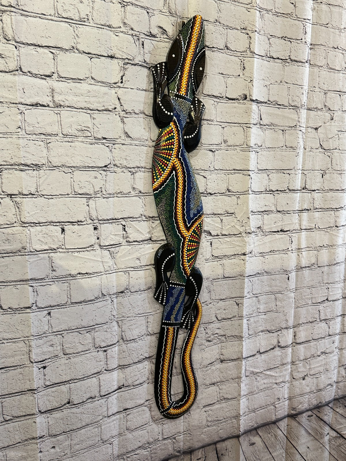 100cm Gecko Carved Wooden Dot Painted Ethnic Tribal Tiki Wall Handmade No 2