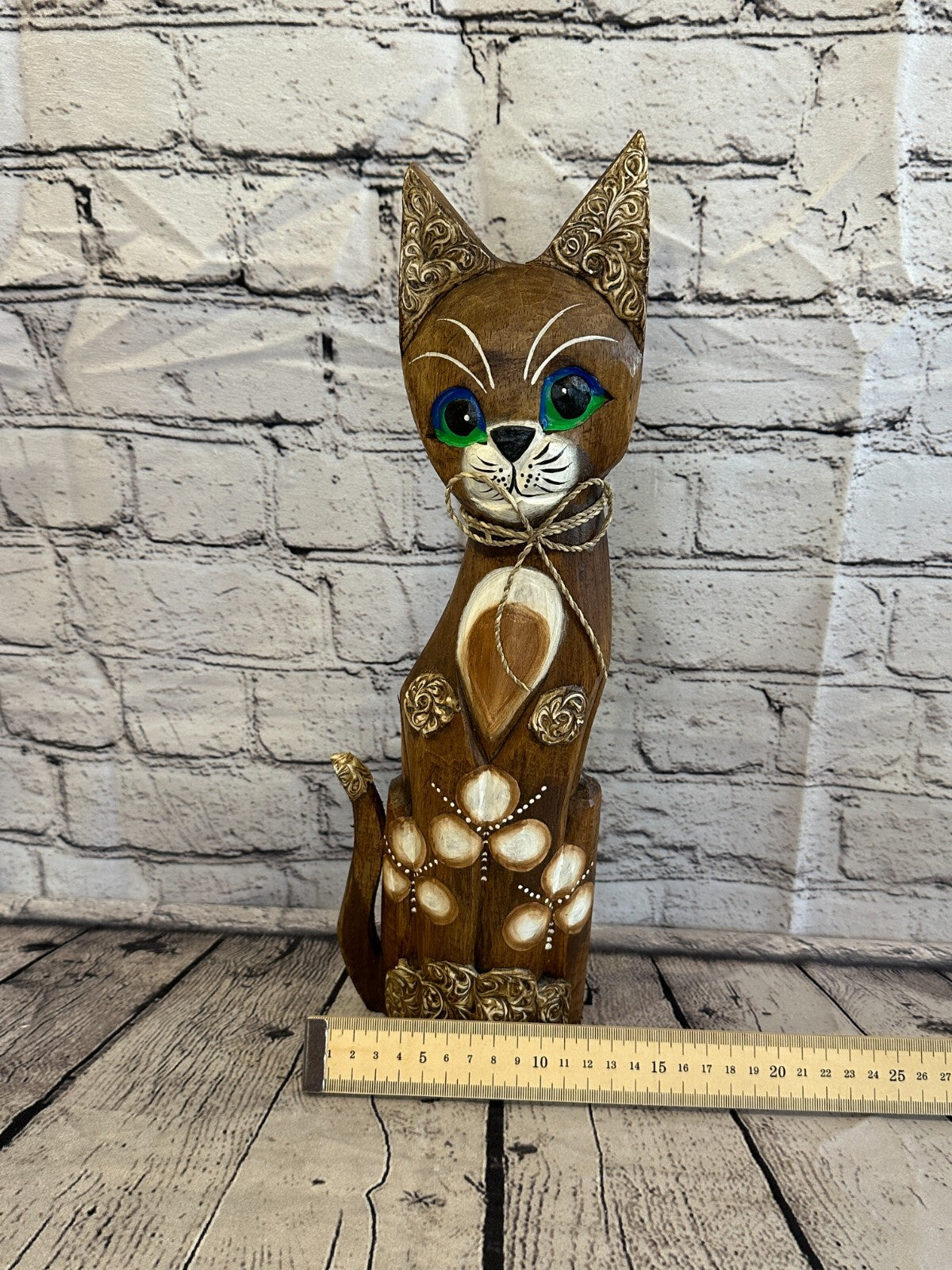 40cm Brown Swirl Flower Wooden Shabby Cat Statue Ornament Fair Trade Handcarved