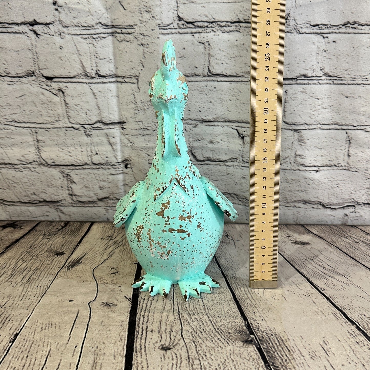 25cm x 12cm Green Shabby Wooden Rooster Cockerel Retro Collectable Hand Carved