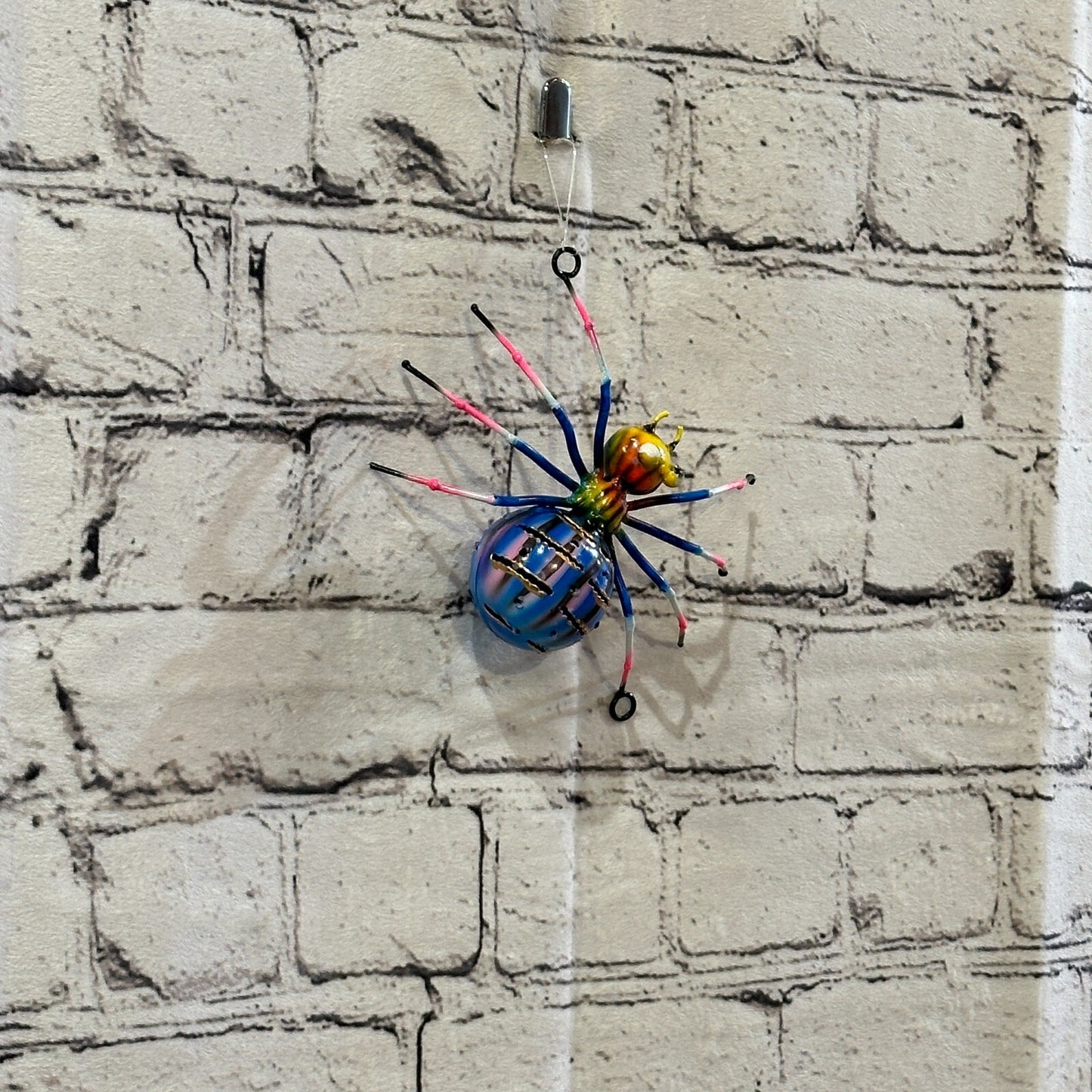 12cm x 8cm Blue Yellow Spider Bug Metal Tin Wall Hanging Ornament Painted Statue