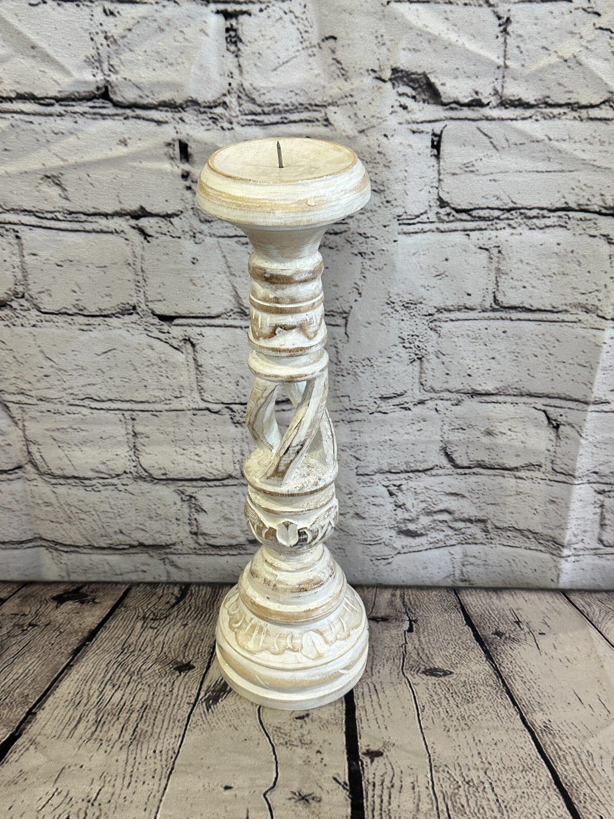 30cm White Tall Candlestick Shabby Chic Distressed Twist Column Candle Holder
