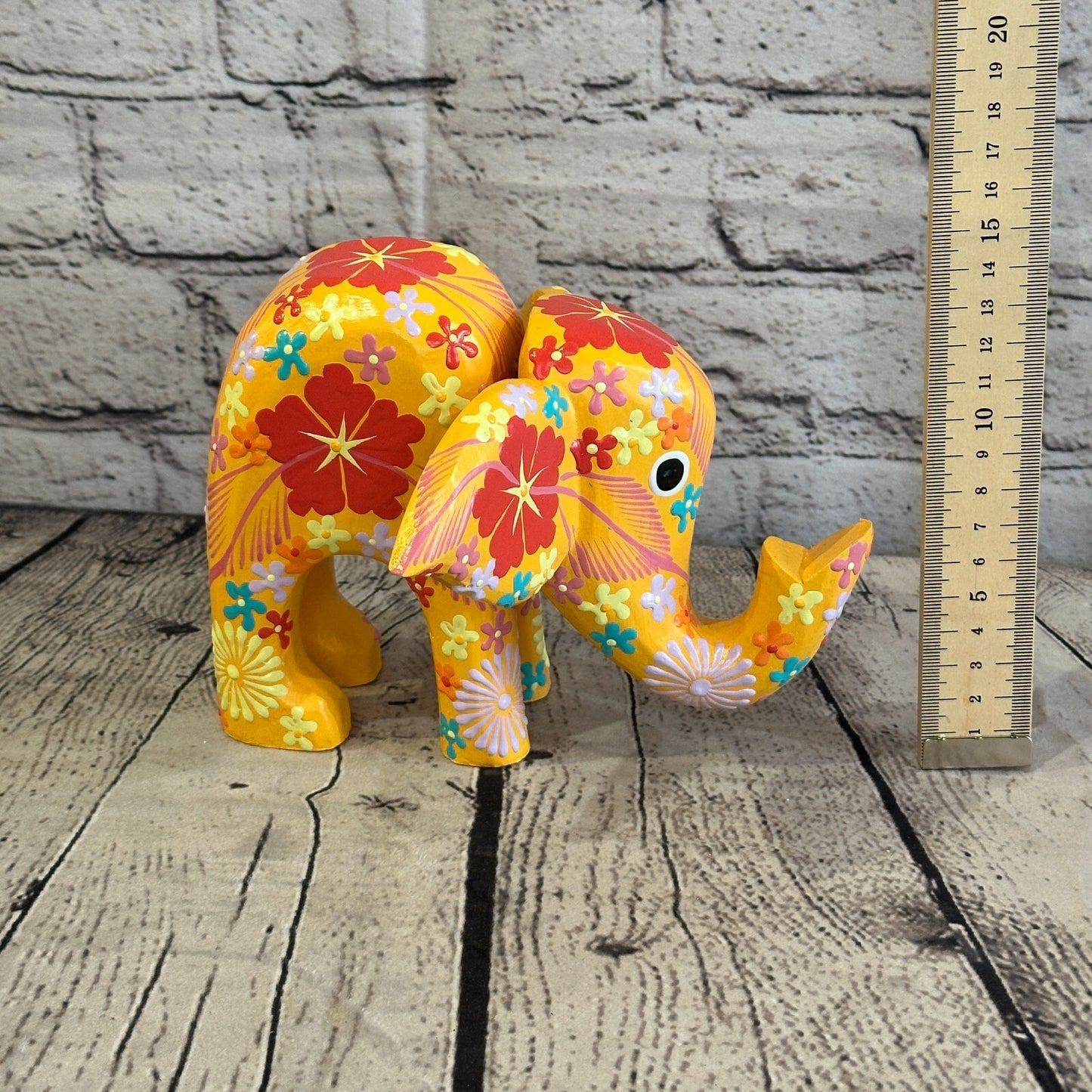 Orange Wooden Elephant With Flower Pattern 15cm x 18cm Handmade and Fairtrade