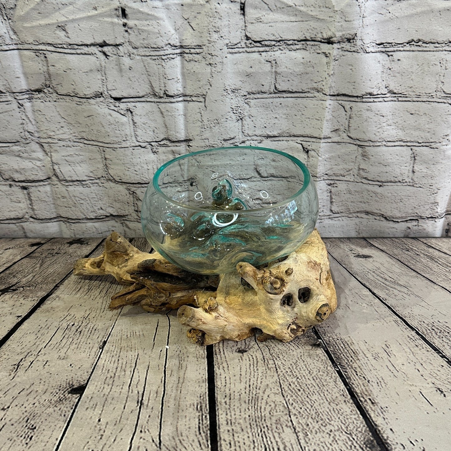 18cm x 25cm Molten Glass Round Bowl Natural Root Wood Base Stand Decor Ornament