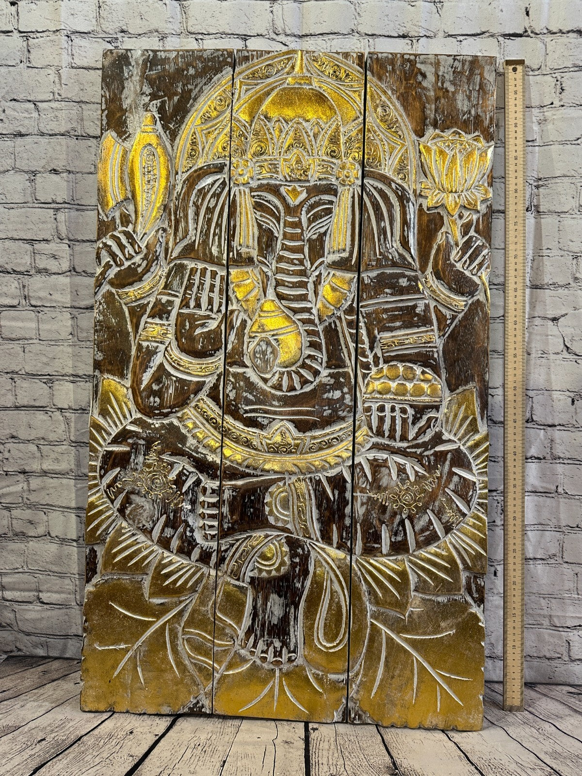 100cm x 60cm Ganesha Brown Gold Wooden Wood Panel Wall Art Plaque Handcarved