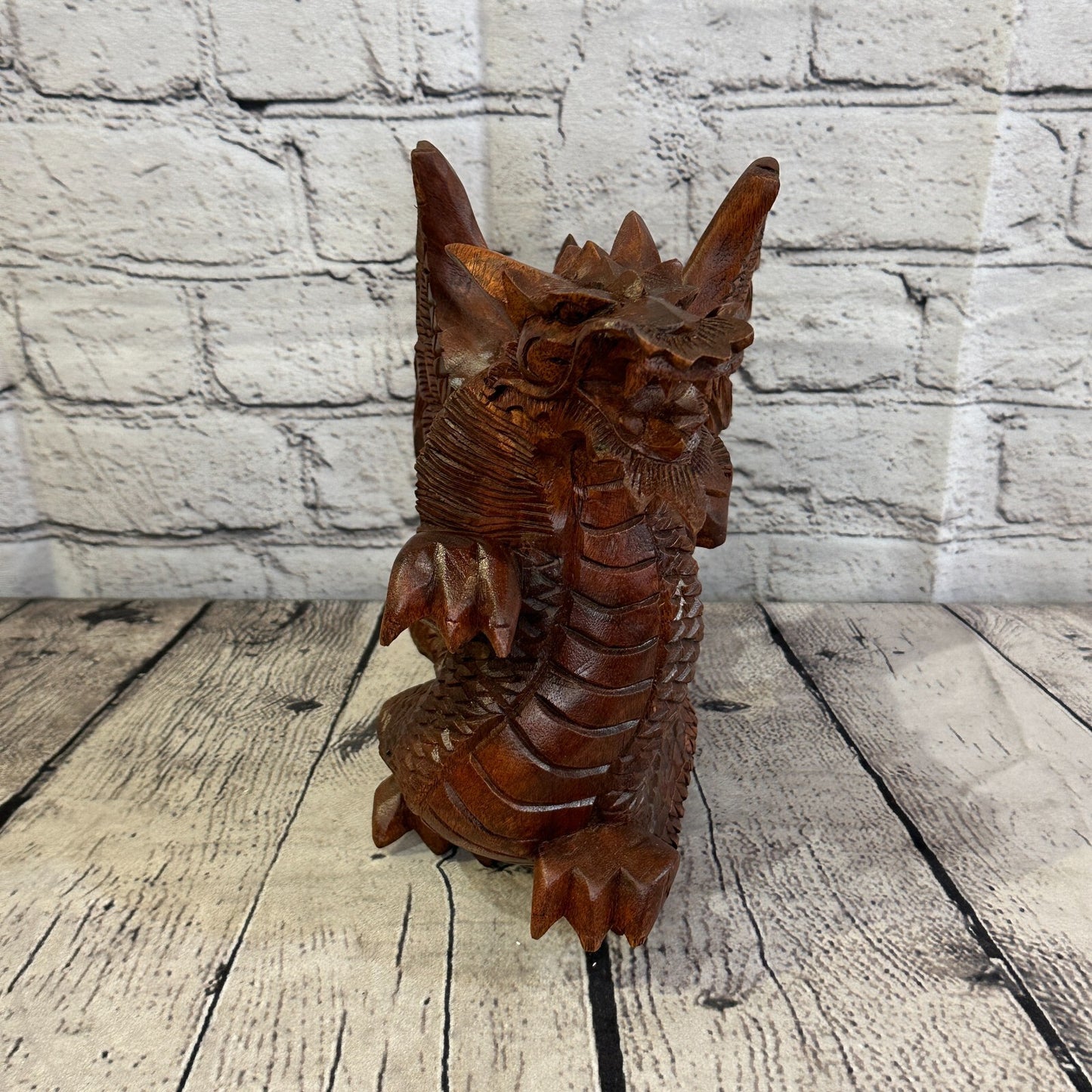 20cm x 20cm Dark Wooden Standing Dragon Carving Hand Carved Wing Back Dragon