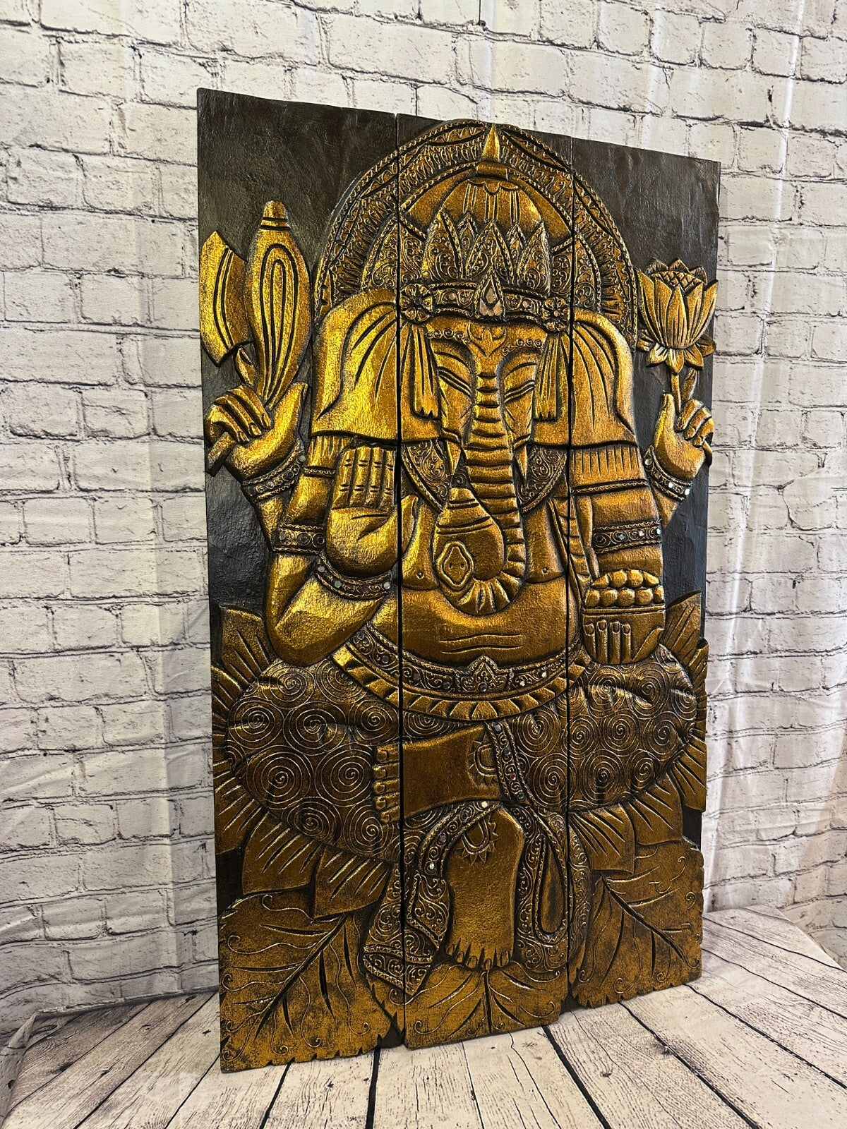100cm x 60cm Ganesh Gold Panel Wooden Wood Panel Wall Art Plaque Handcarved