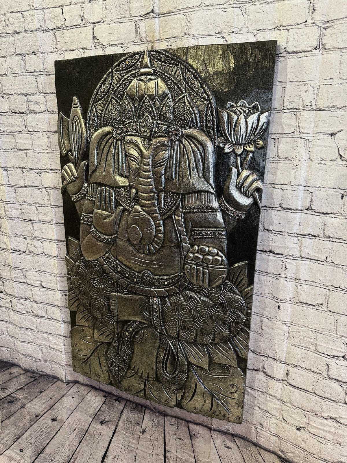 100cm x 60cm Ganesh Silver Panel Wooden Wood Panel Wall Art Plaque Handcarved