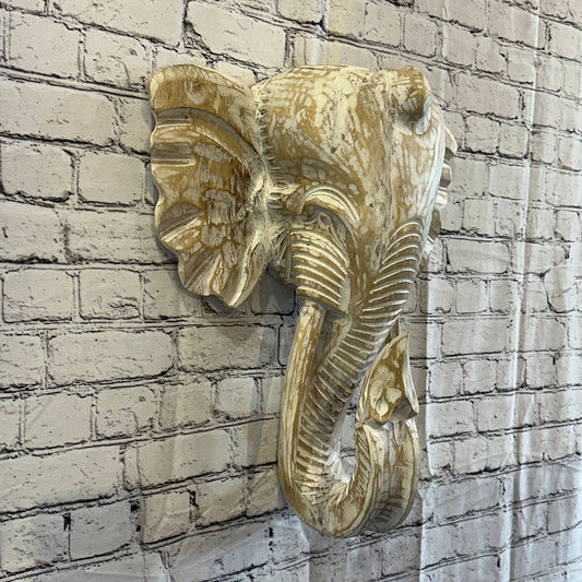 50cm x 40cm Cream White Carved Wood Elephant Head Wall Mounted Art Large Shabby