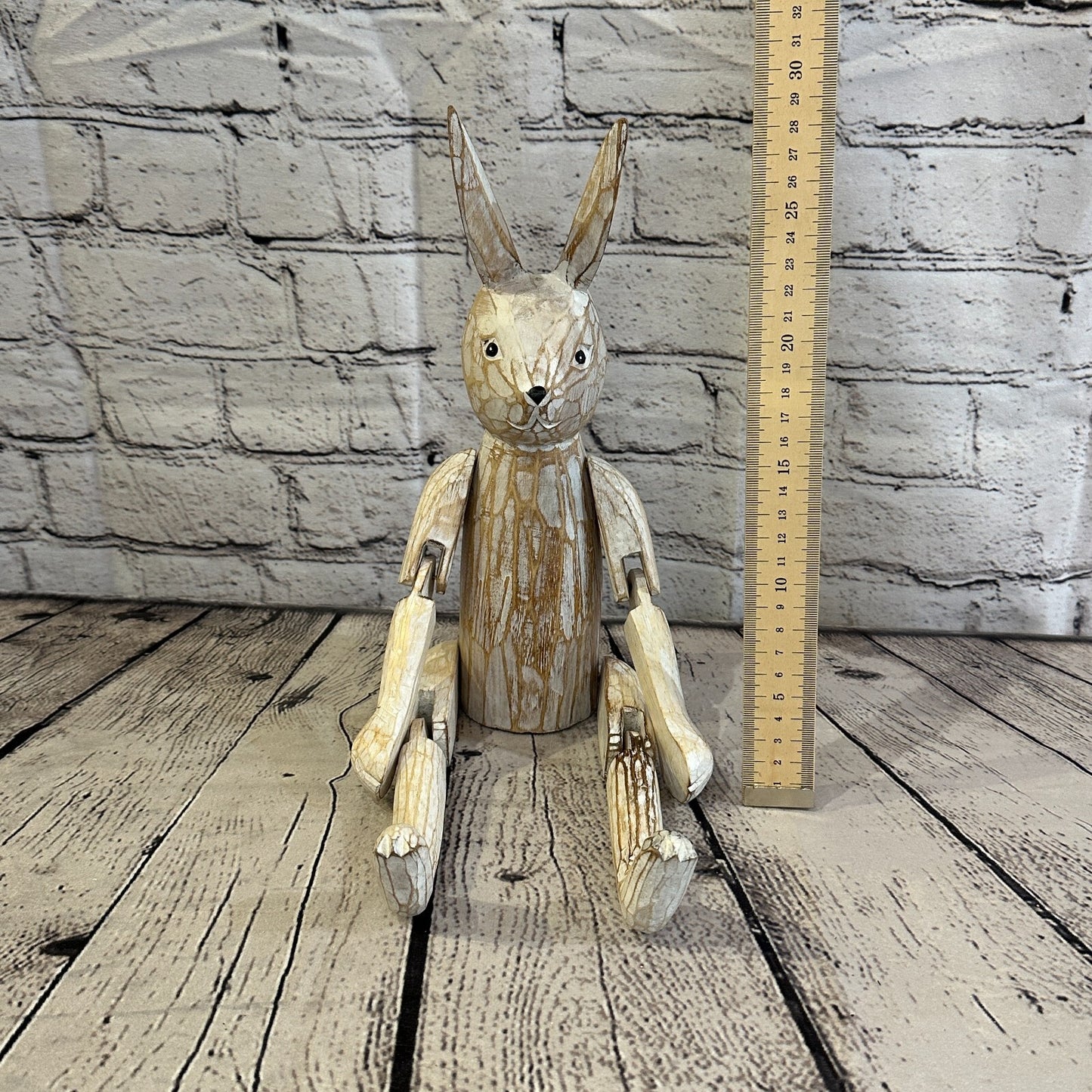 30cm Shabby White Rabbit Sitting Animal Wooden Shelf Ornament Handmade Fairtrade
