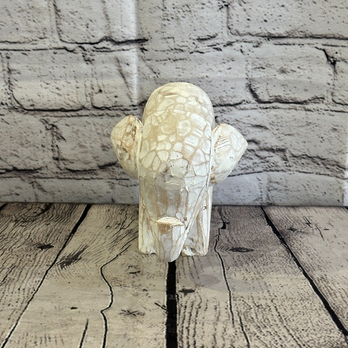 White Wooden Elephant With Shabby Pattern 12cm x 12cm Handmade and Fairtrade