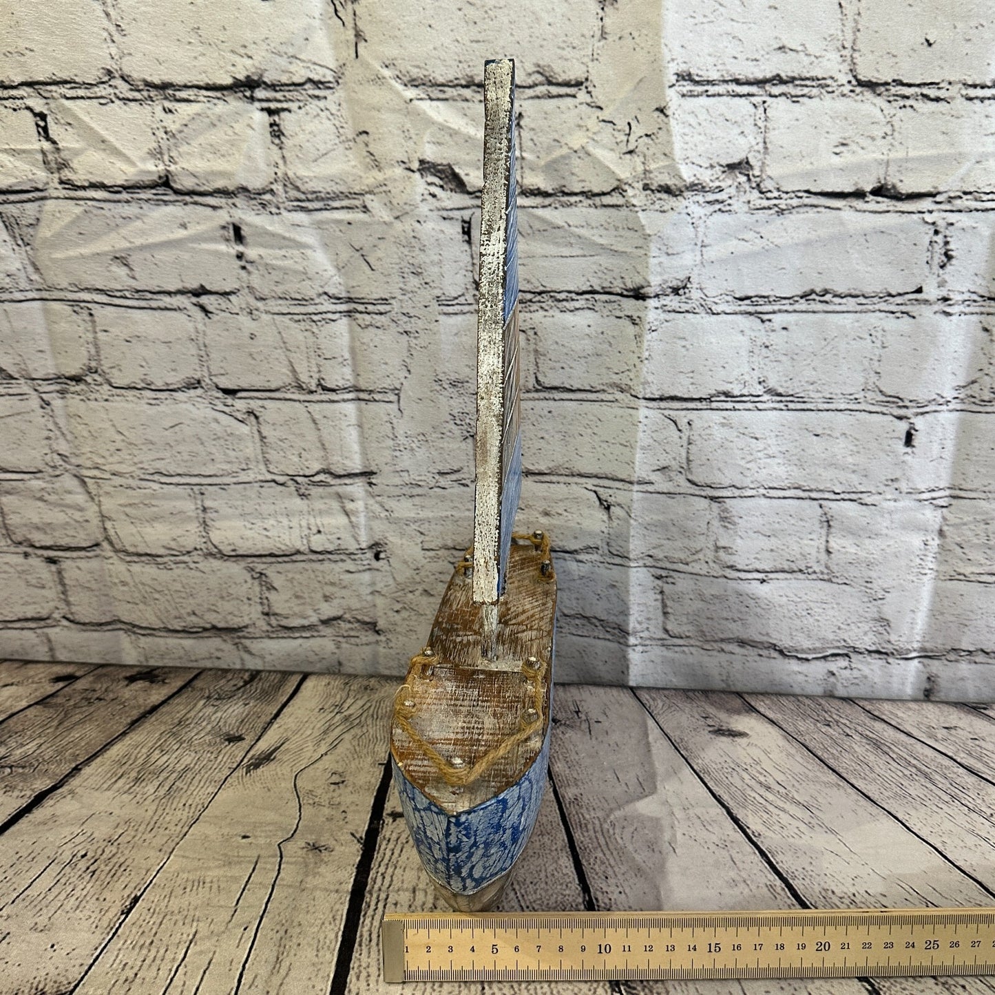 40cm Rustic Wooden Brown & Blue Sailing Boat Nautical Ornament Sculpture Decor