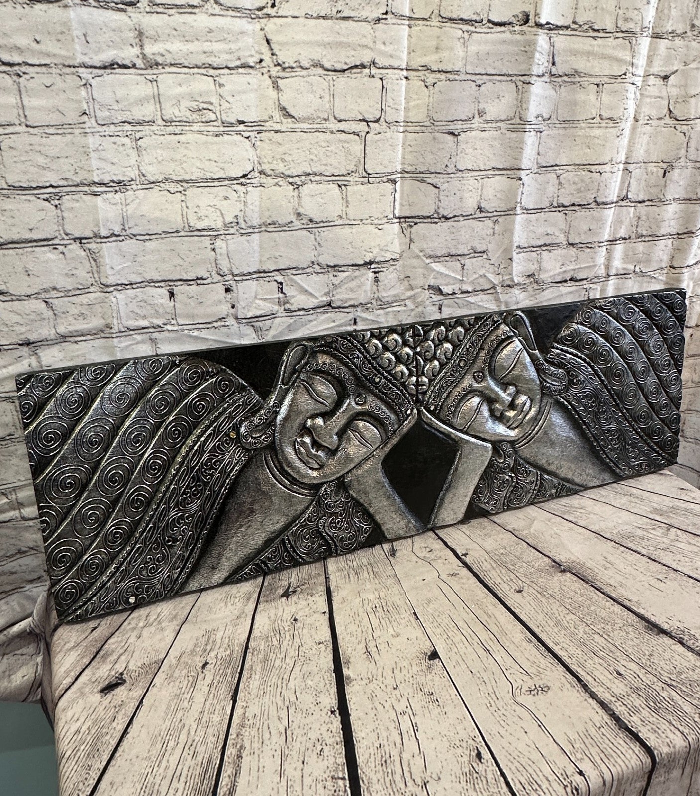 100cm x 30cm Buddha 2 Faces Silver Wooden Wood Panel Wall Art Plaque Handcarved
