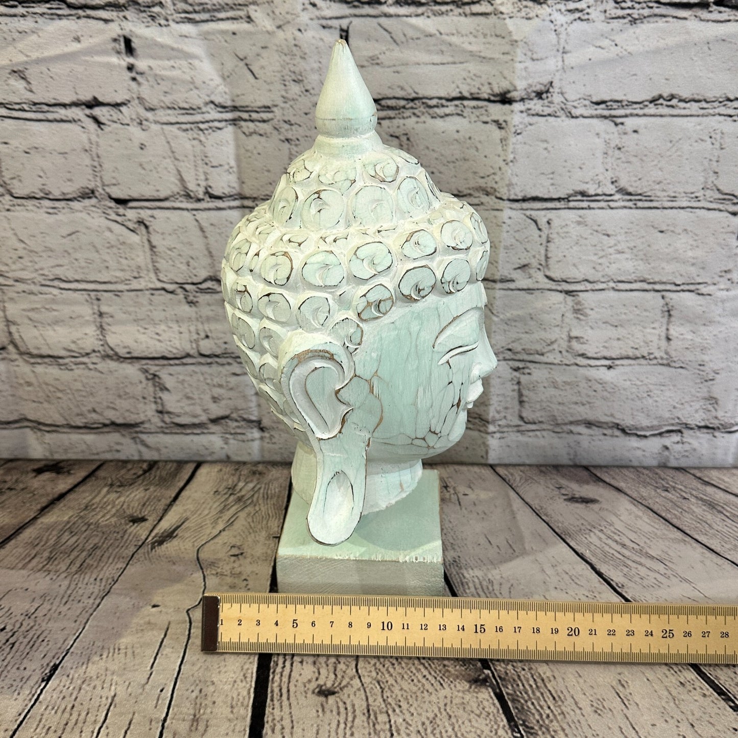 30cm Green Buddha Head Wooden Standing Statue Figurine Ornament Fair Trade