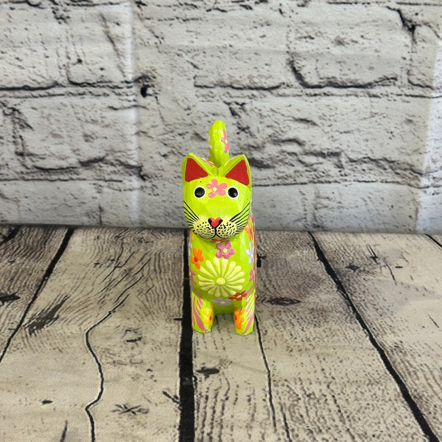 Green Small Wooden Cat With Flower Pattern 12cm x 6cm Handmade and Fairtrade