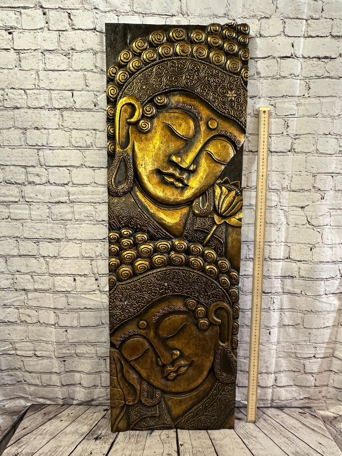 120cm x 40cm Tall Buddha 2 Faces Gold Wooden Wood Panel Wall Art Plaque