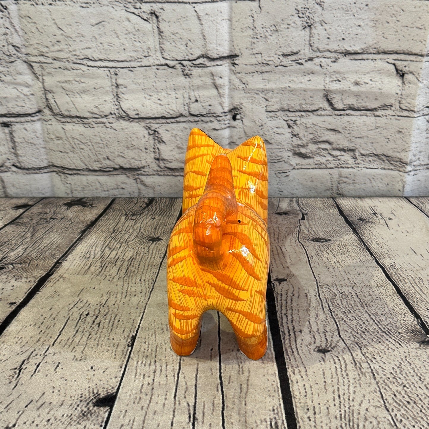 22cm x 14cm Orange Tabby Style Painted Wooden Hand Carved Stretching Cat Wooden