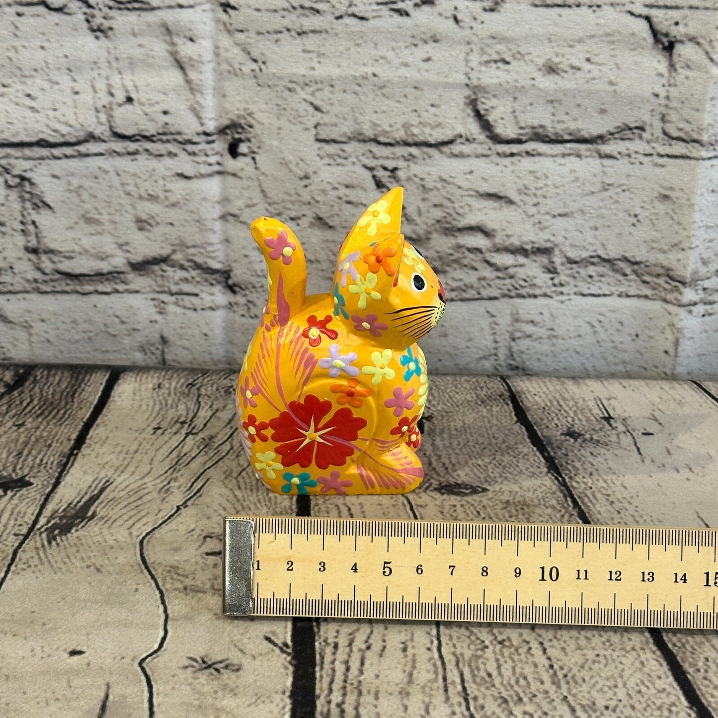 Orange Small Wooden Cat With Flower Pattern 12cm x 6cm Handmade and Fairtrade