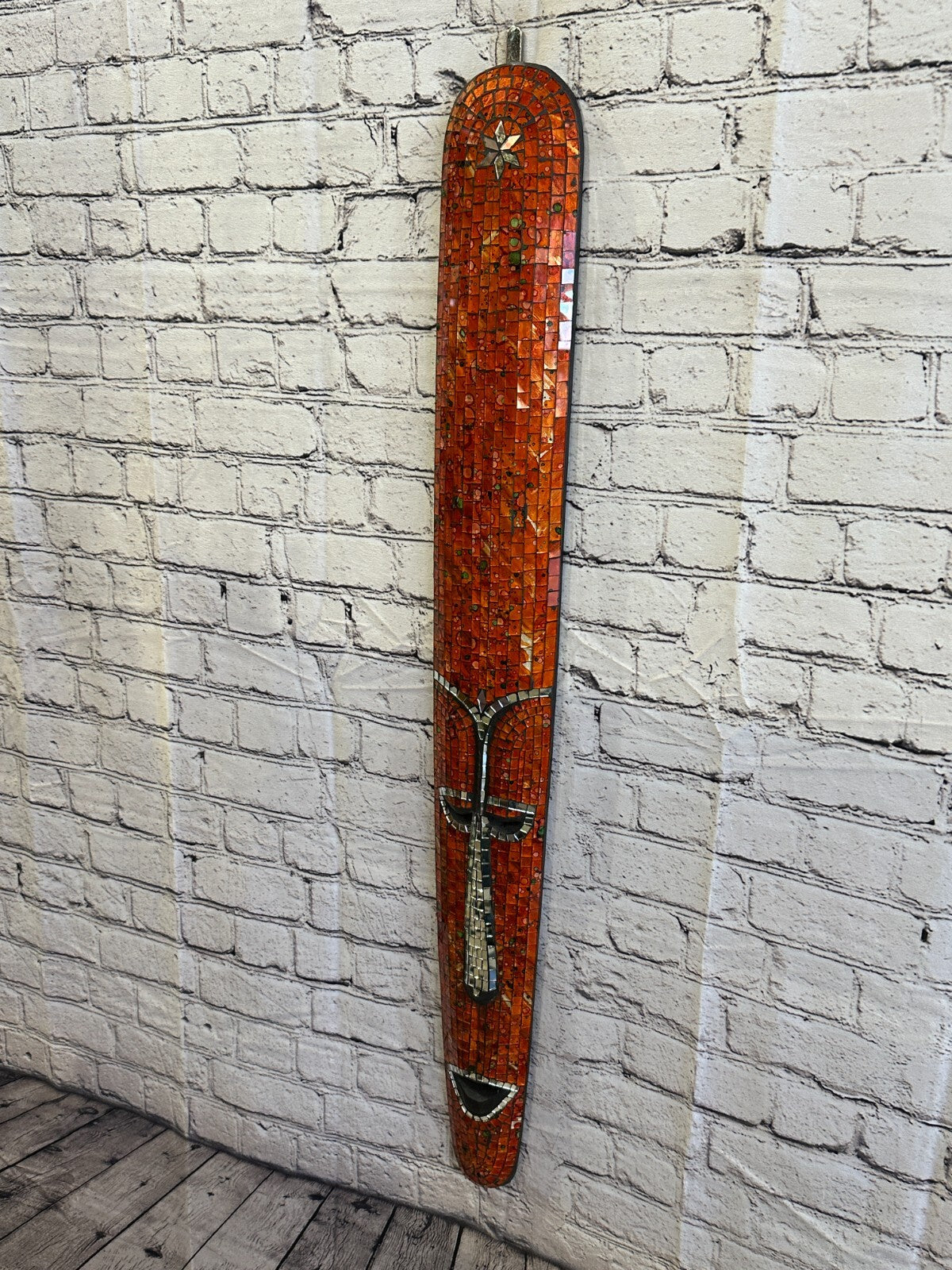 80cm Orange Mosaic Mirror Mask Carved Painted Ethnic Tribal Wall Art Handmade