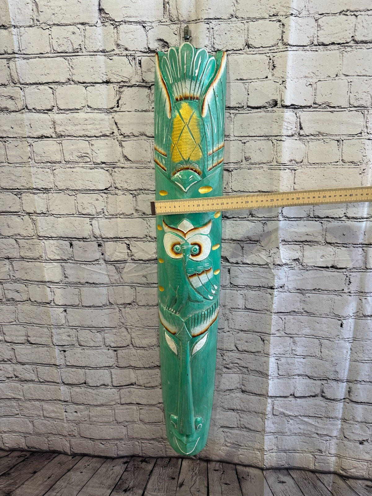 100cm Green Owl Hand Carved Fair Trade Wooden Animal Wall Art Hang Mask