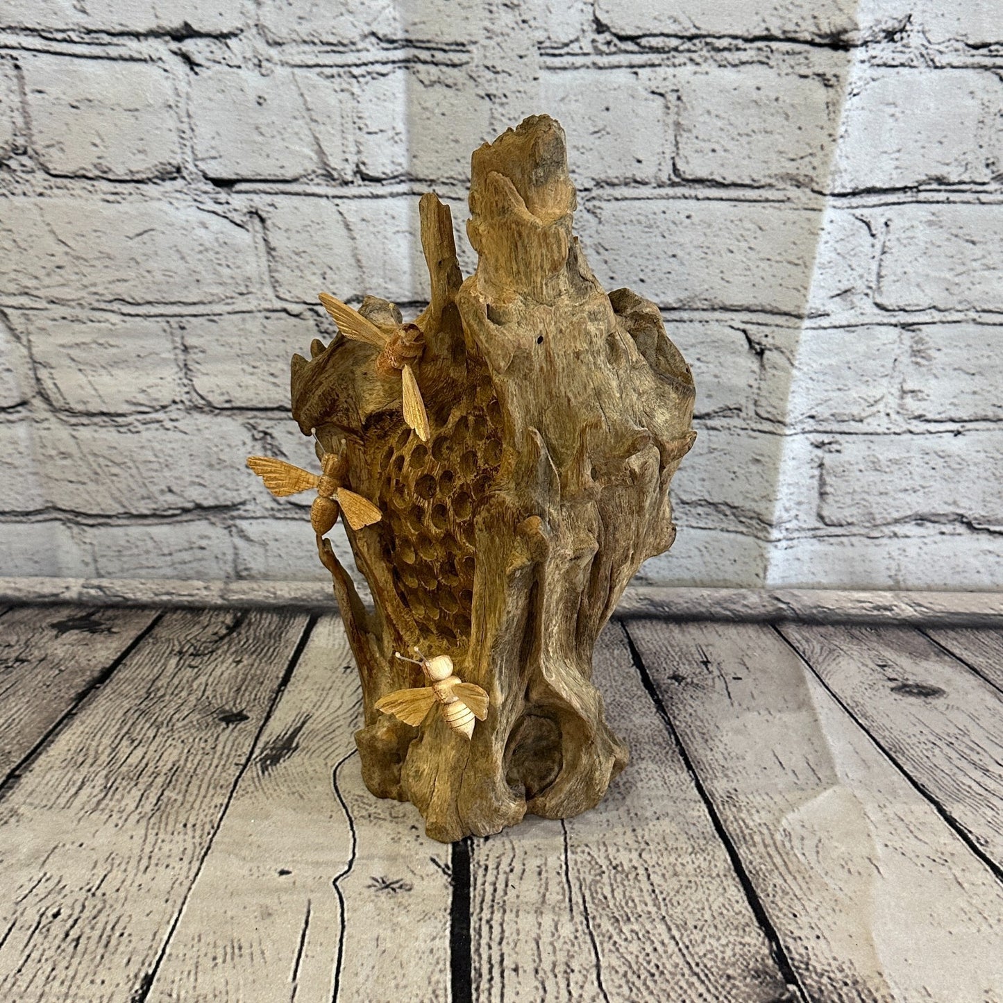 3 Bees Honeycomb Mushroom Parasite Wood Ornament Natural Carving Wooden Standing